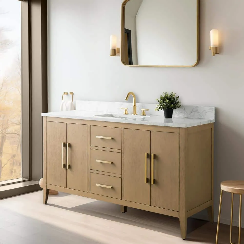 Vanity Art 60 in. W x 22 in. D x 34 in. H Single-Sink Bathroom Vanity in Natural Oak with Engineered Marble Top in Arabescato White, photo 7 of 12