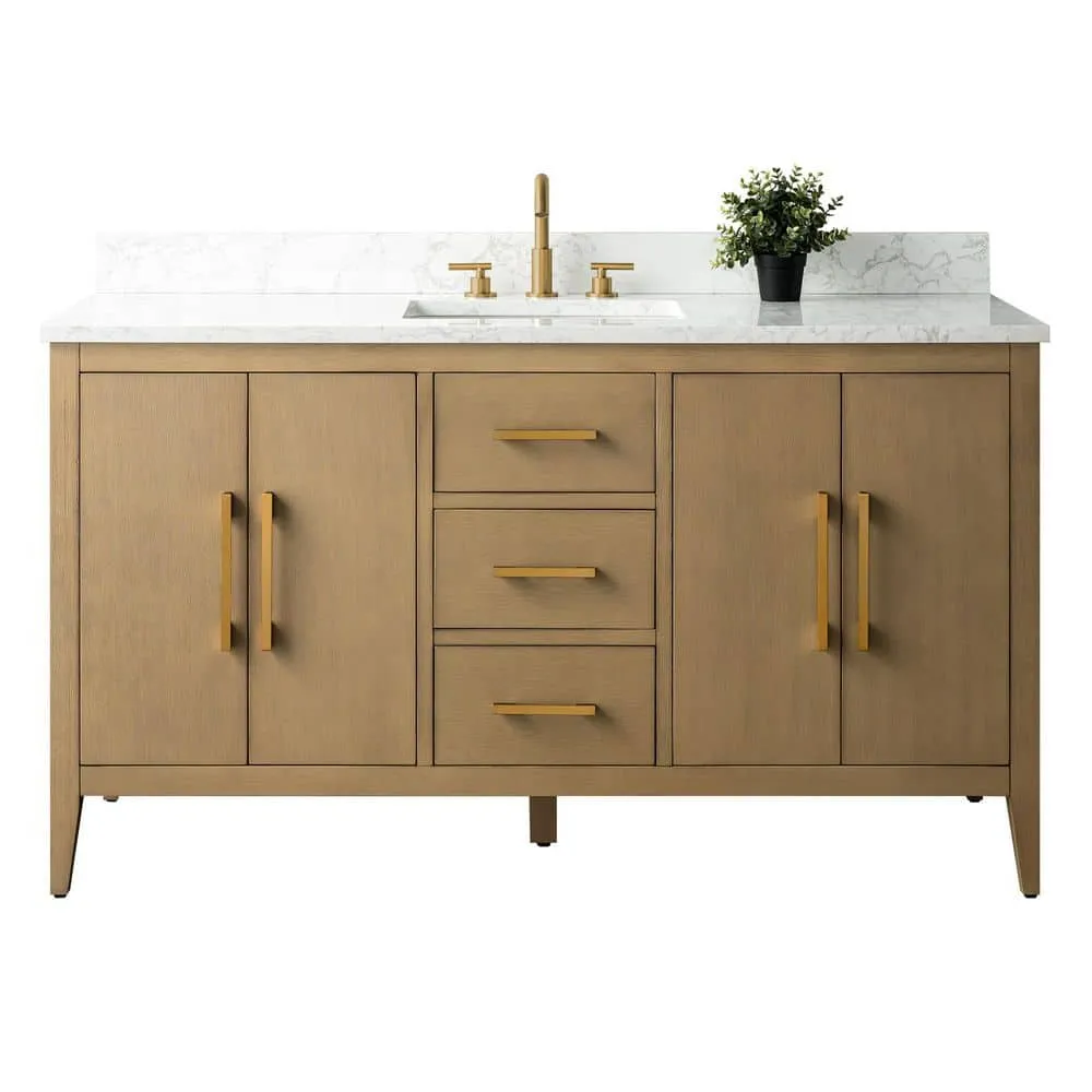Vanity Art 60 in. W x 22 in. D x 34 in. H Single-Sink Bathroom Vanity in Natural Oak with Engineered Marble Top in Arabescato White, photo 6 of 9