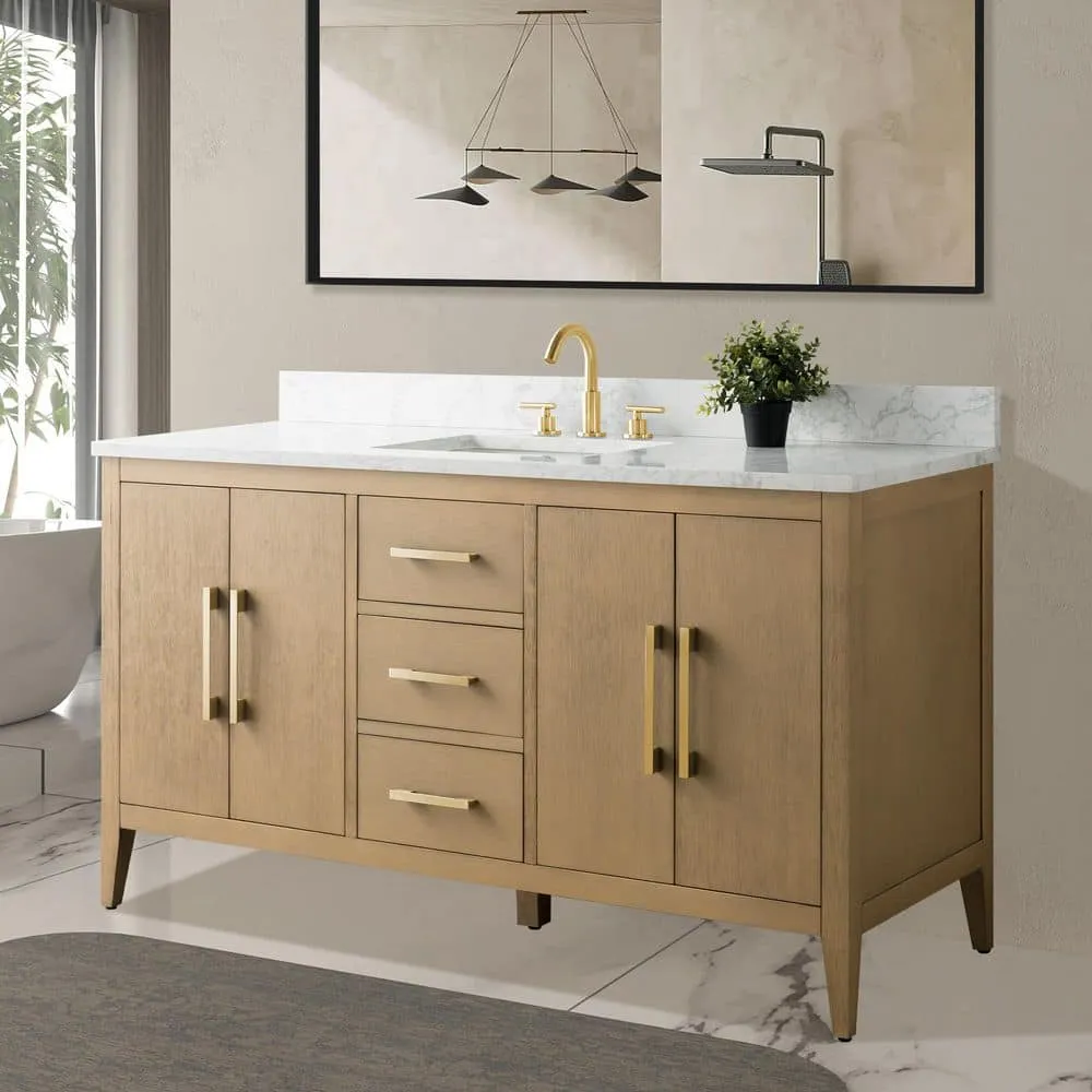 Vanity Art 60 in. W x 22 in. D x 34 in. H Single-Sink Bathroom Vanity in Natural Oak with Engineered Marble Top in Arabescato White, photo 3 of 9