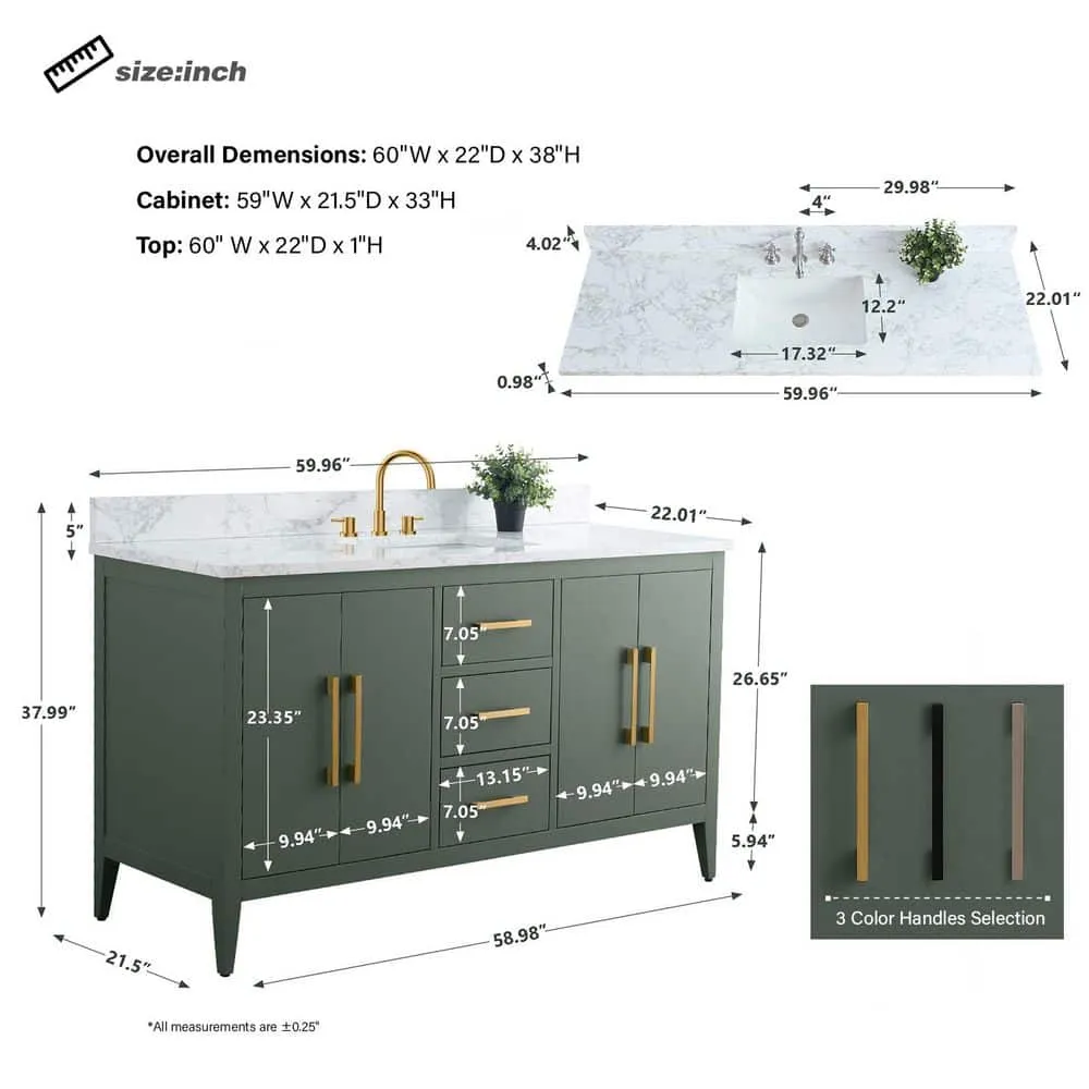 Vanity Art 60 in. W x 22 in. D x 34 in. H Single Sink Bathroom Vanity Cabinet in Vintage Green with Engineered Marble Top in White, photo 7 of 8