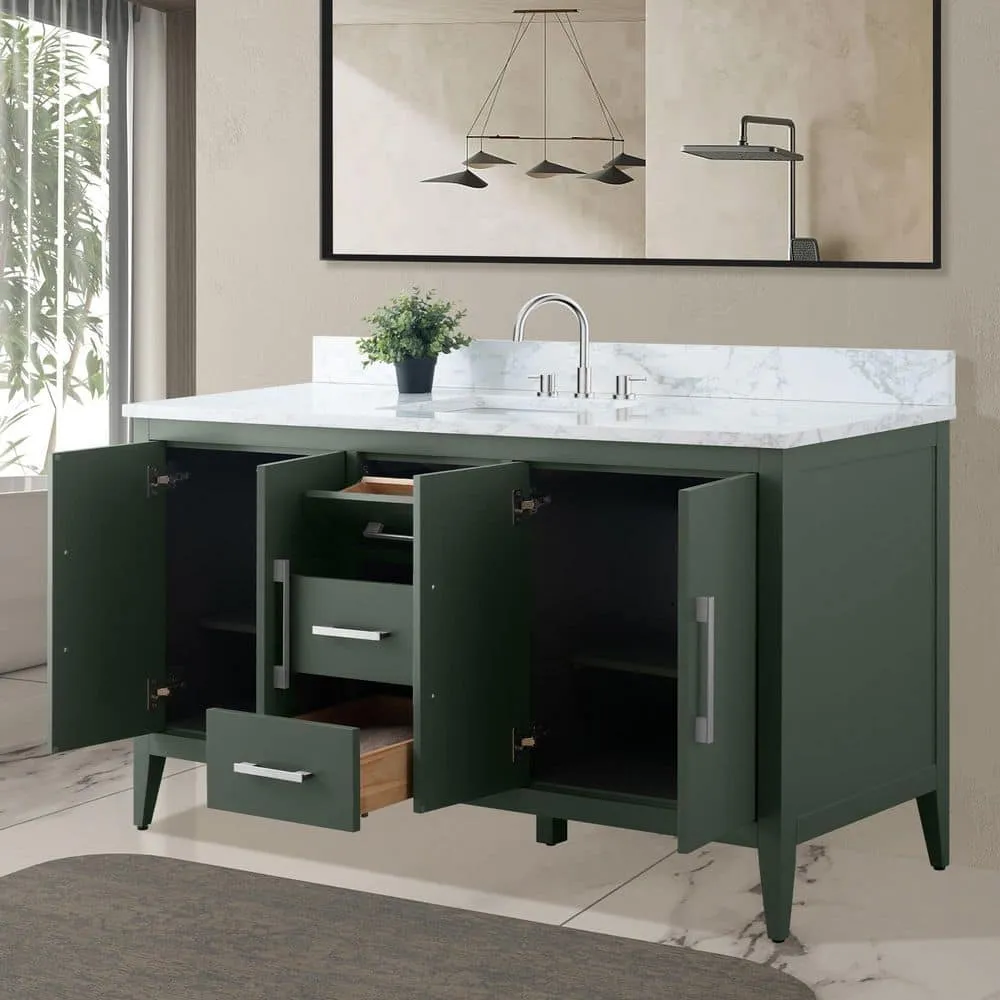 Vanity Art 60 in. W x 22 in. D x 34 in. H Single Sink Bathroom Vanity Cabinet in Vintage Green with Engineered Marble Top in White, photo 3 of 8