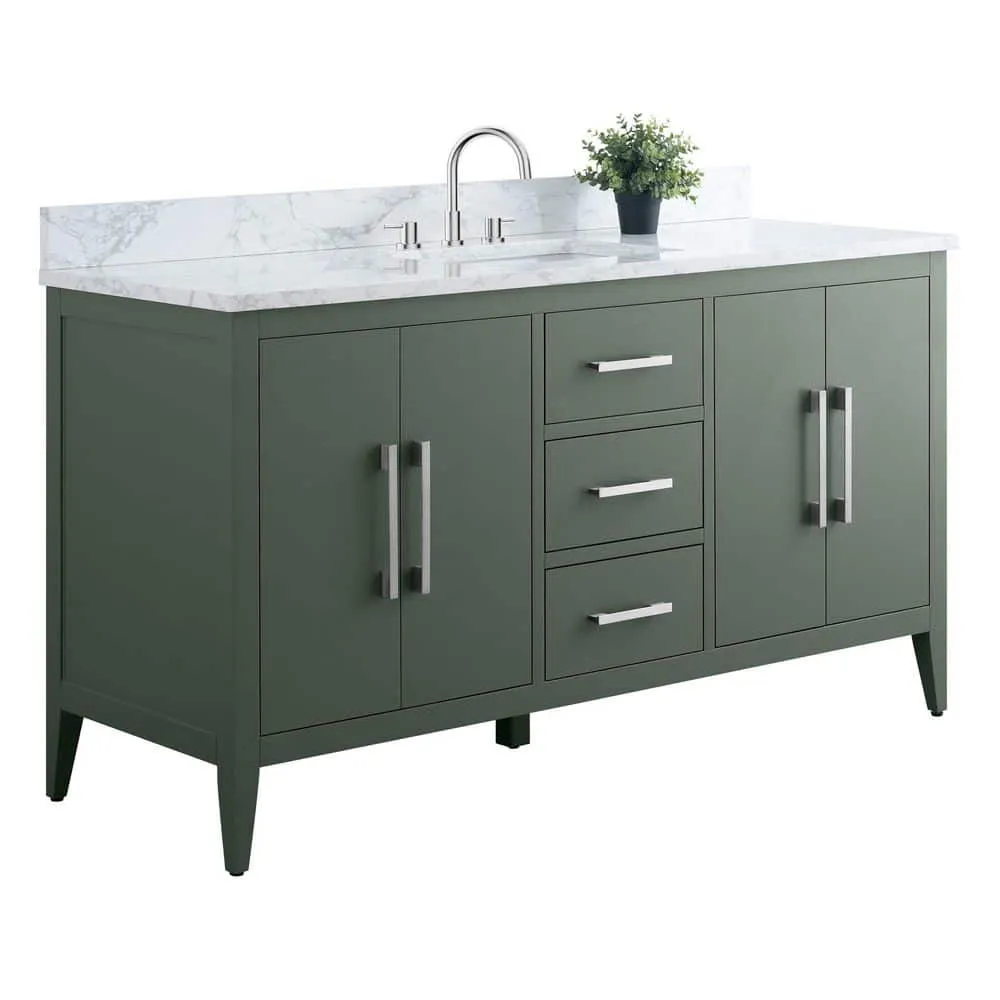 Vanity Art 60 in. W x 22 in. D x 34 in. H Single Sink Bathroom Vanity Cabinet in Vintage Green with Engineered Marble Top in White, photo 6 of 8