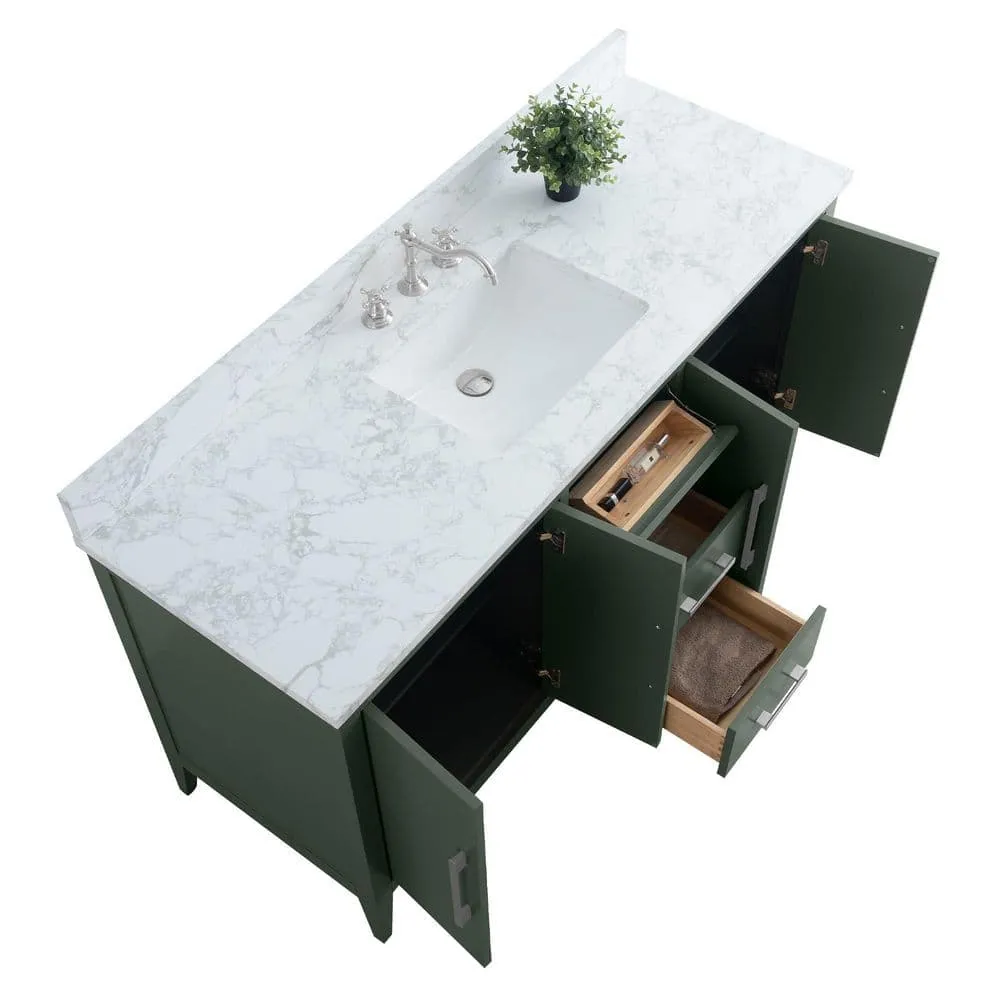 Vanity Art 60 in. W x 22 in. D x 34 in. H Single Sink Bathroom Vanity Cabinet in Vintage Green with Engineered Marble Top in White, photo 4 of 8
