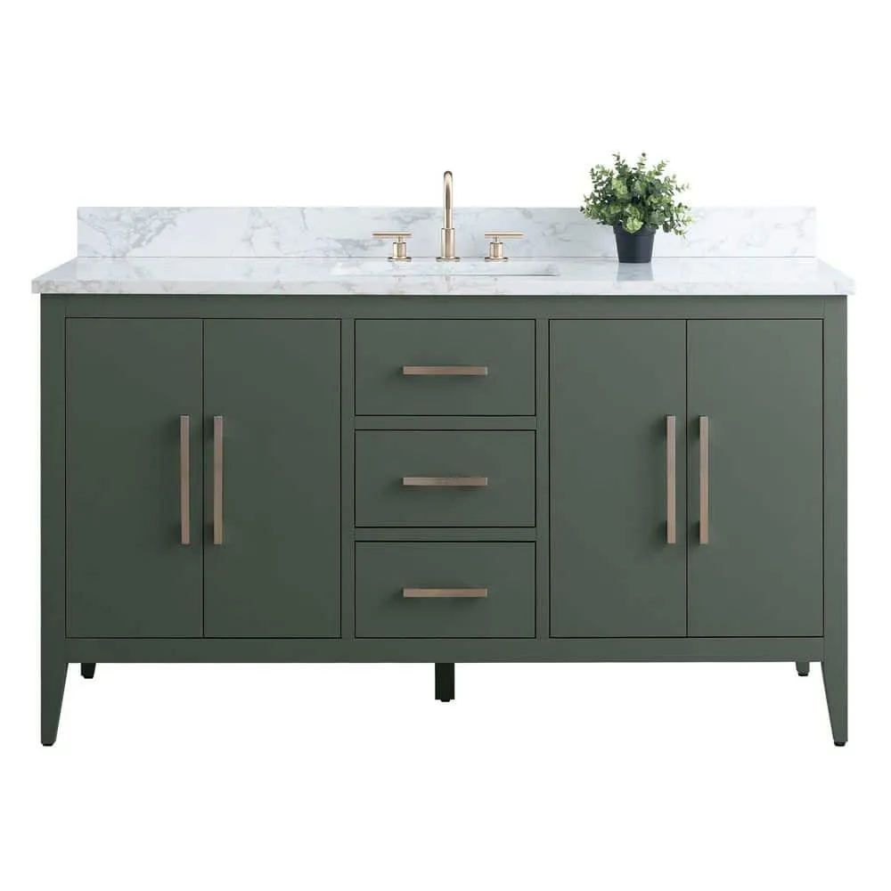 Vanity Art 60 in. W x 22 in. D x 34 in. H Single Sink Bathroom Vanity Cabinet in Vintage Green with Engineered Marble Top in White, photo 5 of 8