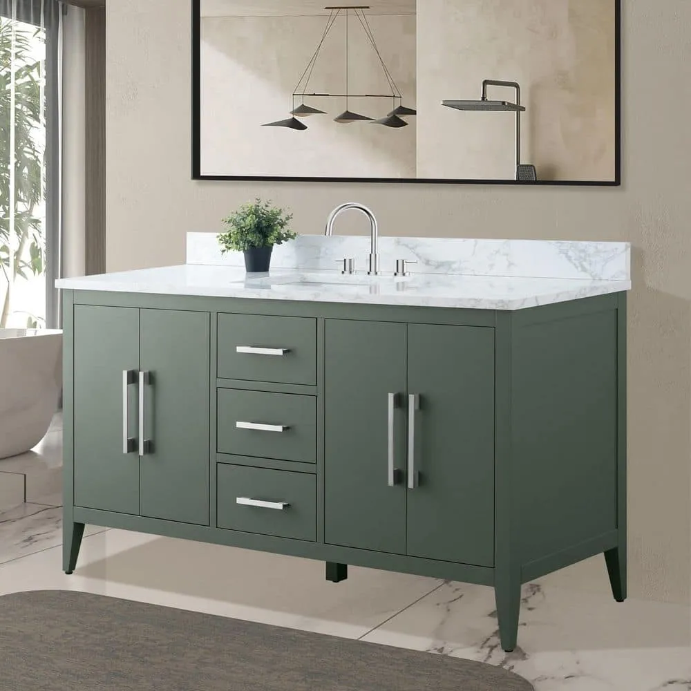 Vanity Art 60 in. W x 22 in. D x 34 in. H Single Sink Bathroom Vanity Cabinet in Vintage Green with Engineered Marble Top in White, photo 2 of 8