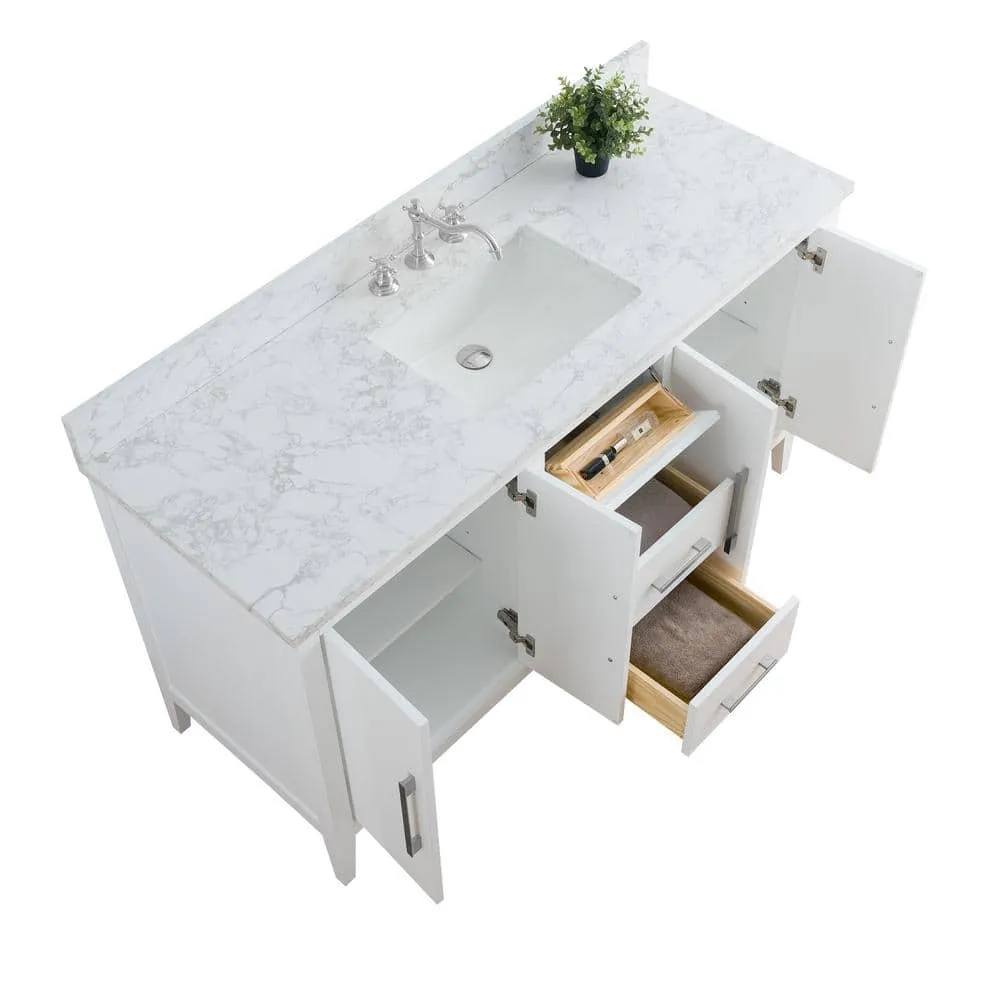Vanity Art 60 in. W x 22 in. D x 34 in. H Single Sink Bathroom Vanity Cabinet in White with Engineered Marble Top in White, photo 9 of 12