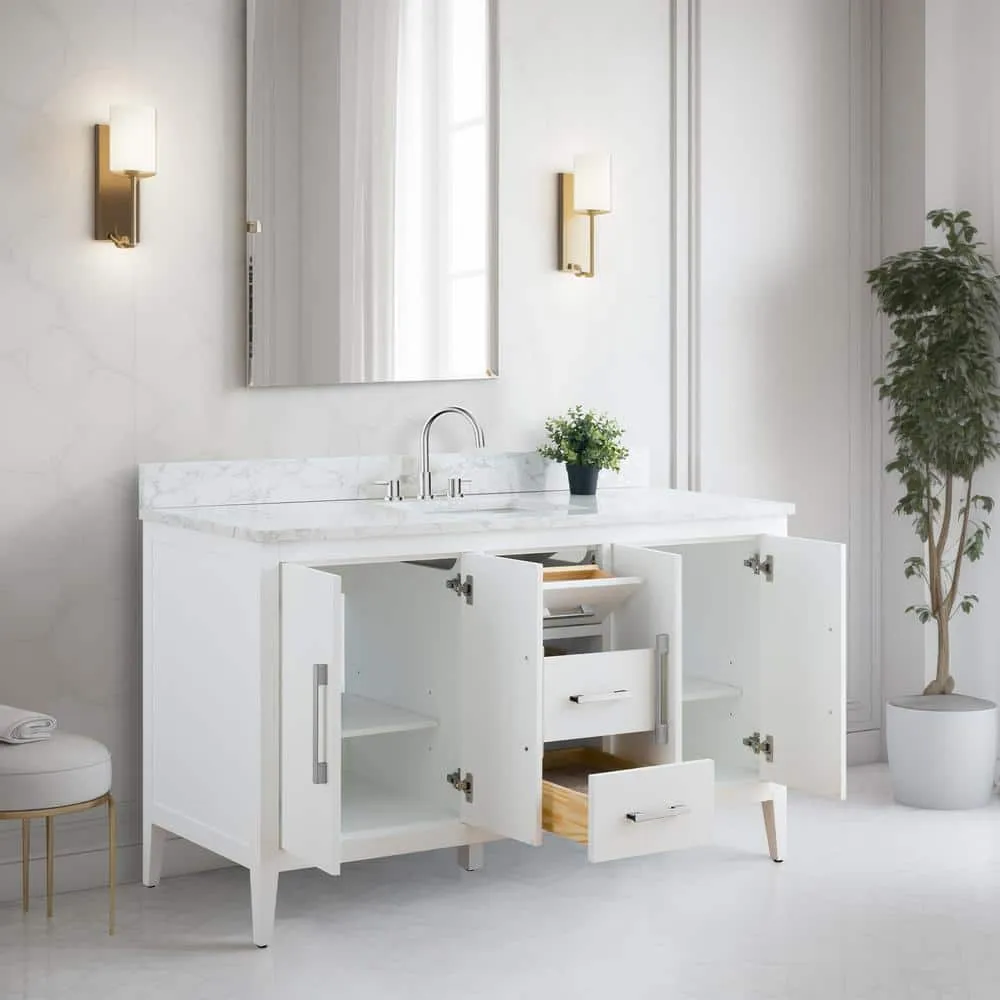 Vanity Art 60 in. W x 22 in. D x 34 in. H Single Sink Bathroom Vanity Cabinet in White with Engineered Marble Top in White, photo 8 of 12