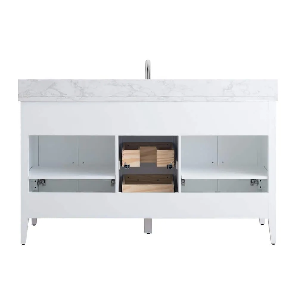 Vanity Art 60 in. W x 22 in. D x 34 in. H Single Sink Bathroom Vanity Cabinet in White with Engineered Marble Top in White, photo 5 of 12