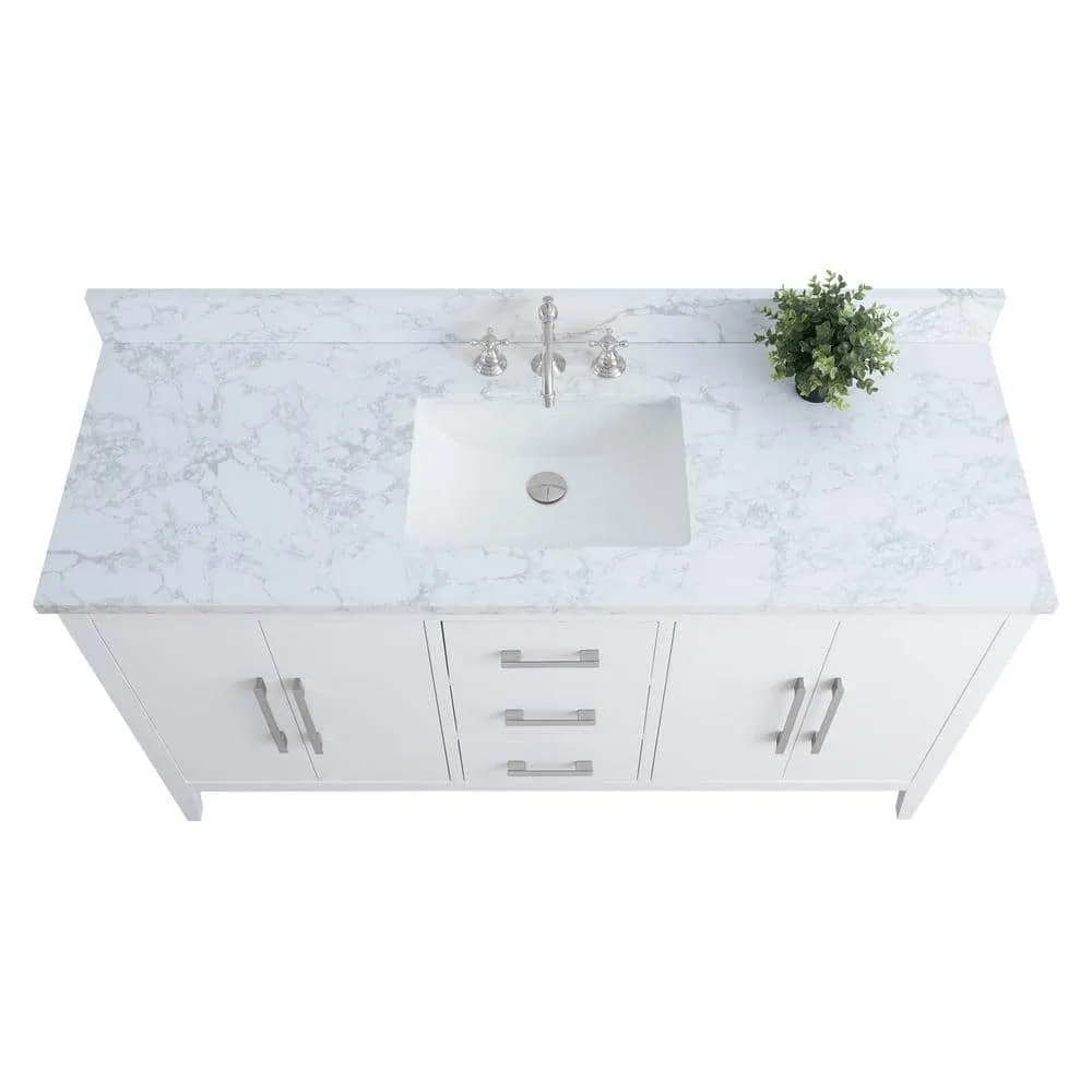 Vanity Art 60 in. W x 22 in. D x 34 in. H Single Sink Bathroom Vanity Cabinet in White with Engineered Marble Top in White, photo 3 of 12