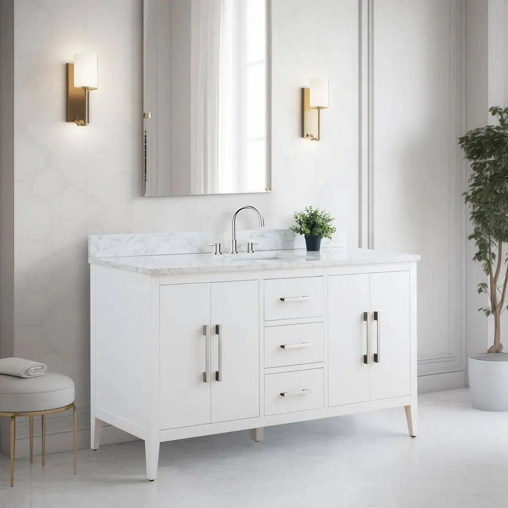 Vanity Art 60 in. W x 22 in. D x 34 in. H Single Sink Bathroom Vanity Cabinet in White with Engineered Marble Top in White, photo 7 of 12