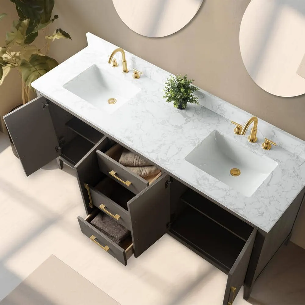 Vanity Art 72 in. W x 22 in. D x 34 in. H Double-Sink Bath Vanity Driftwood Gray with Engineered Marble Top in in Arabescato White, photo 12 of 12