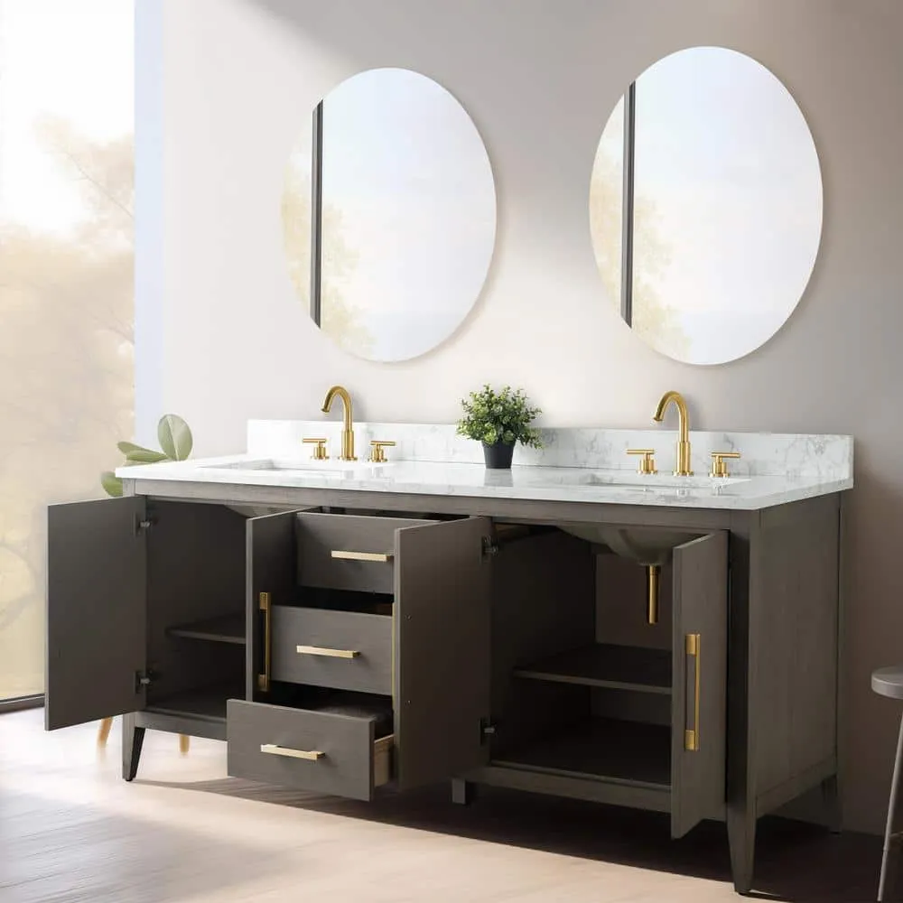 Vanity Art 72 in. W x 22 in. D x 34 in. H Double-Sink Bath Vanity Driftwood Gray with Engineered Marble Top in in Arabescato White, photo 7 of 12