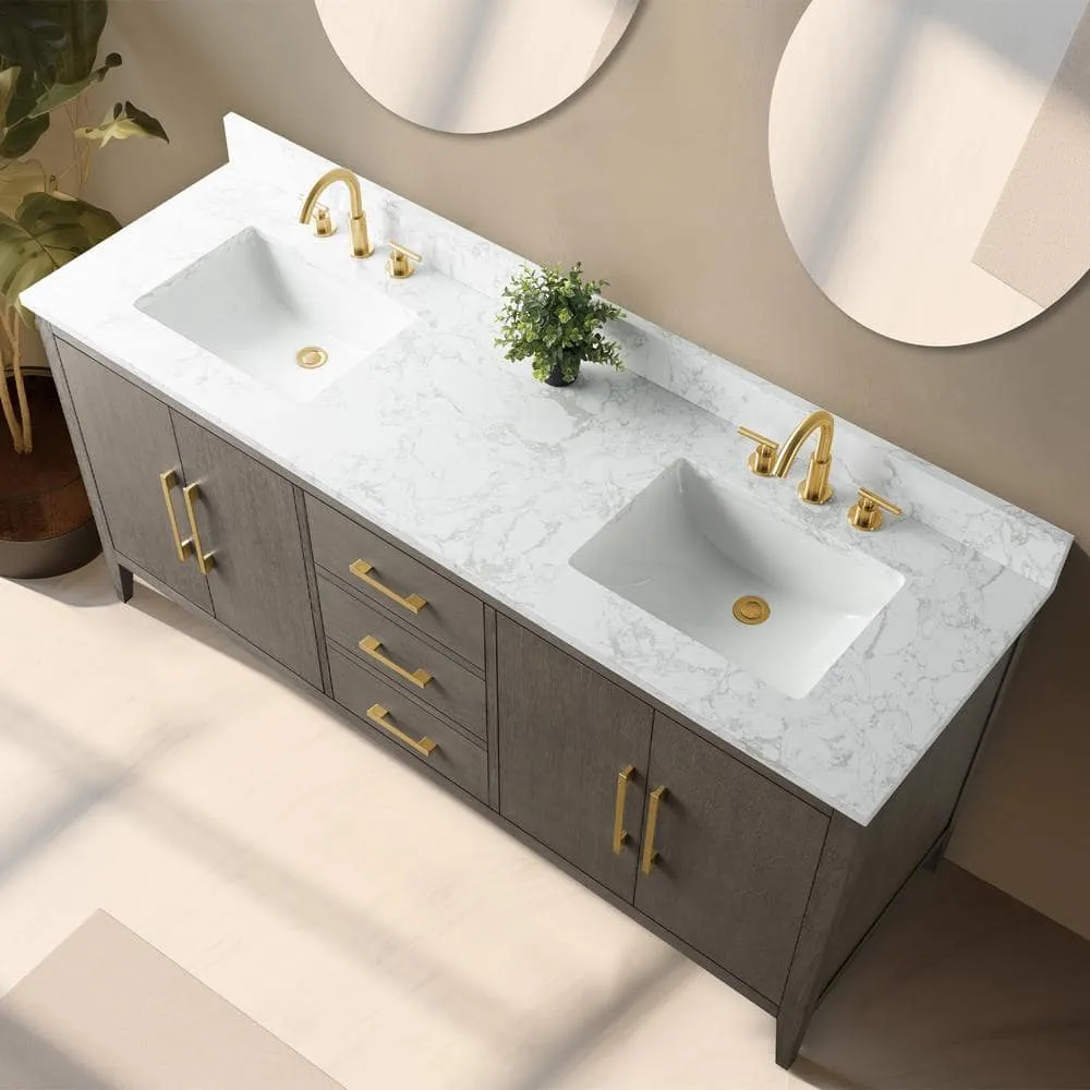 Vanity Art 72 in. W x 22 in. D x 34 in. H Double-Sink Bath Vanity Driftwood Gray with Engineered Marble Top in in Arabescato White, photo 3 of 12
