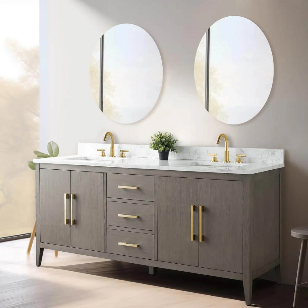 Vanity Art 72 in. W x 22 in. D x 34 in. H Double-Sink Bath Vanity Driftwood Gray with Engineered Marble Top in in Arabescato White, photo 6 of 12