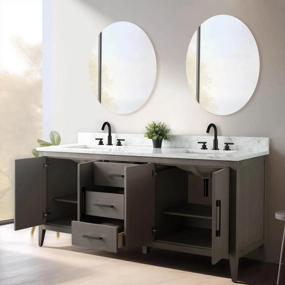 Vanity Art 72 in. W. x 22 in. D x 34 in. H Double Sink Bathroom Vanity Cabinet Driftwood Gray with Engineered Marble Top in White, photo 7 of 10