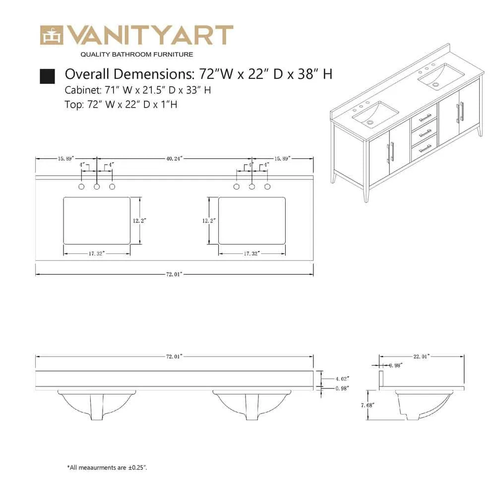 Vanity Art 72 in. W. x 22 in. D x 34 in. H Double Sink Bathroom Vanity Cabinet Driftwood Gray with Engineered Marble Top in White, photo 10 of 10