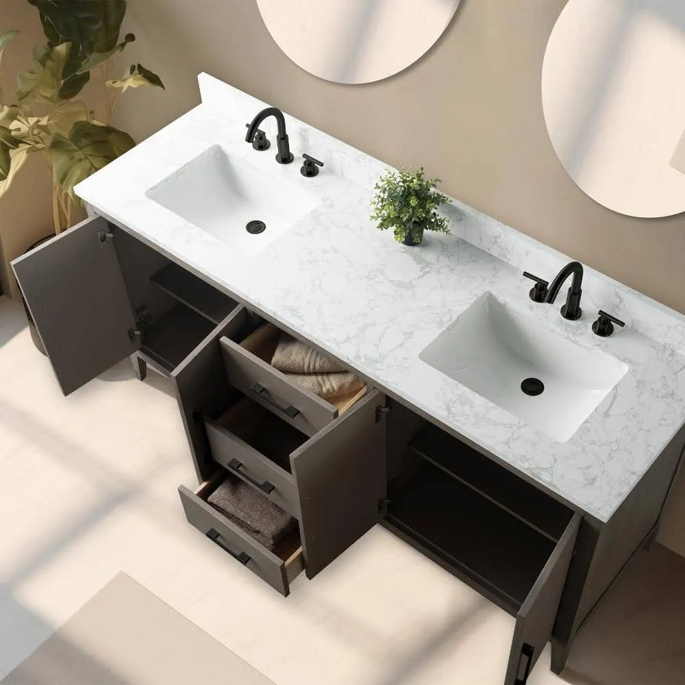 Vanity Art 72 in. W. x 22 in. D x 34 in. H Double Sink Bathroom Vanity Cabinet Driftwood Gray with Engineered Marble Top in White, photo 5 of 10
