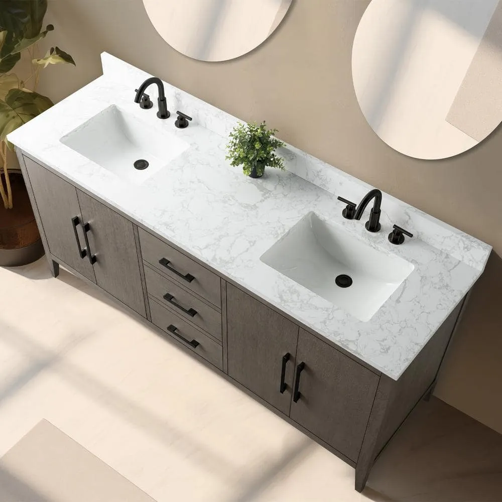 Vanity Art 72 in. W. x 22 in. D x 34 in. H Double Sink Bathroom Vanity Cabinet Driftwood Gray with Engineered Marble Top in White, photo 3 of 10