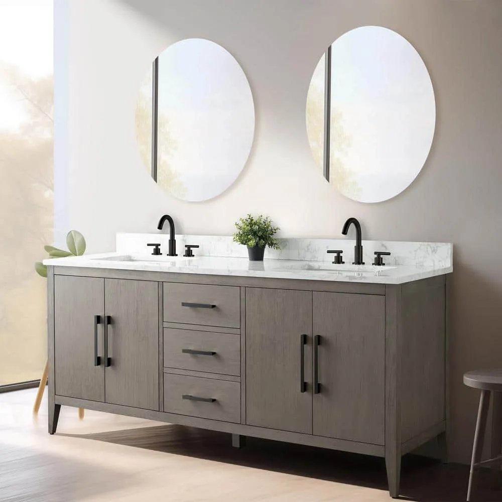 Vanity Art 72 in. W. x 22 in. D x 34 in. H Double Sink Bathroom Vanity Cabinet Driftwood Gray with Engineered Marble Top in White, photo 6 of 10