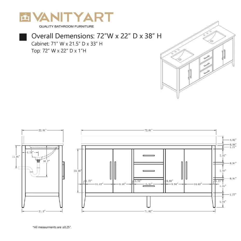 Vanity Art 72 in. W. x 22 in. D x 34 in. H Double Sink Bathroom Vanity Cabinet Driftwood Gray with Engineered Marble Top in White, photo 9 of 10