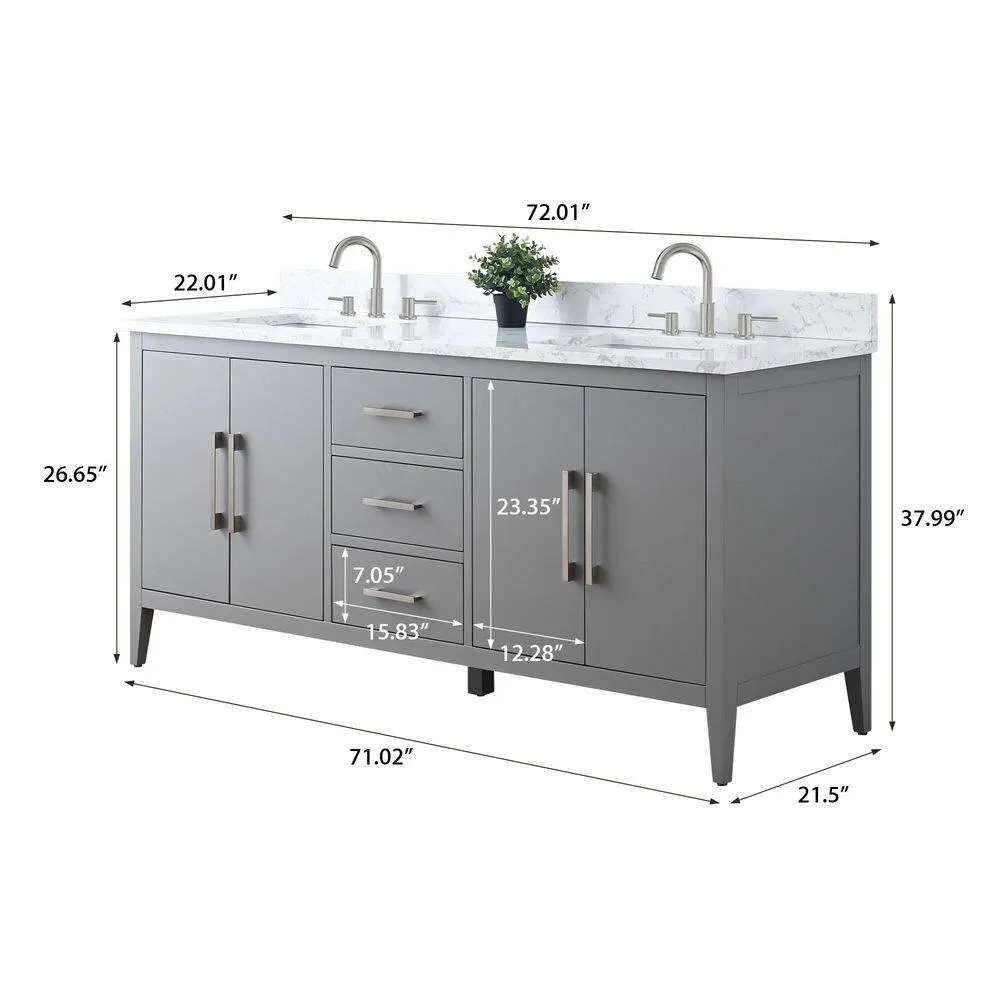 Vanity Art 72 in. W x 22 in. D x 34 in. H Double Sink Bathroom Vanity Cabinet in Cashmere Gray with Engineered Marble Top, photo 9 of 9