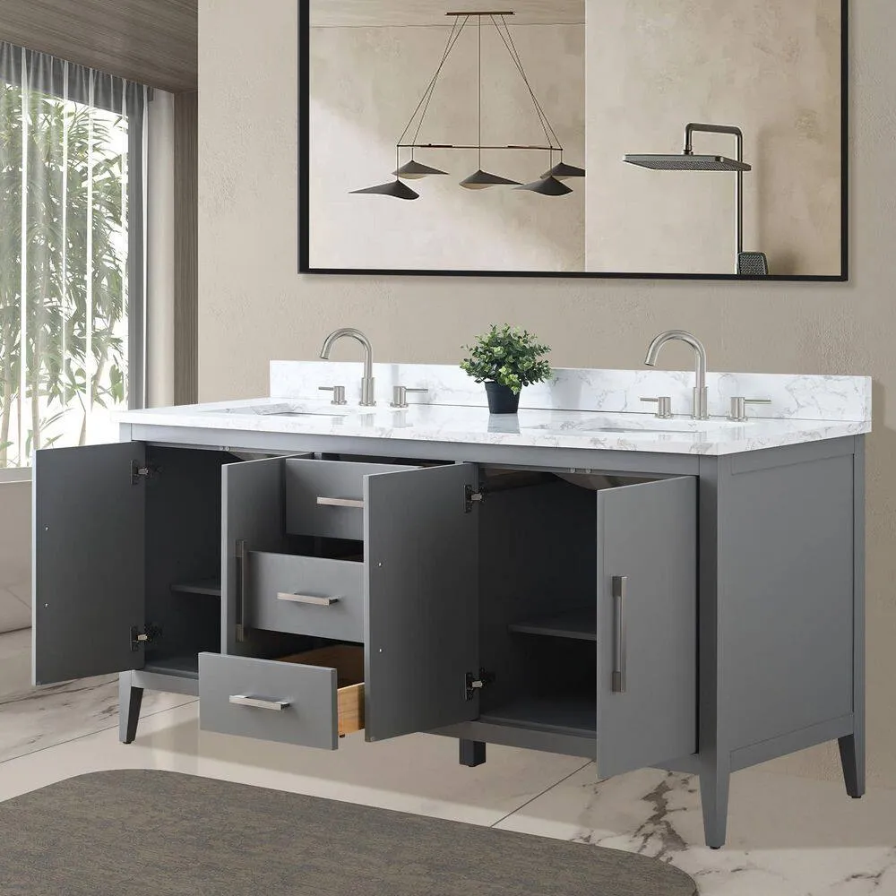 Vanity Art 72 in. W x 22 in. D x 34 in. H Double Sink Bathroom Vanity Cabinet in Cashmere Gray with Engineered Marble Top, photo 4 of 9