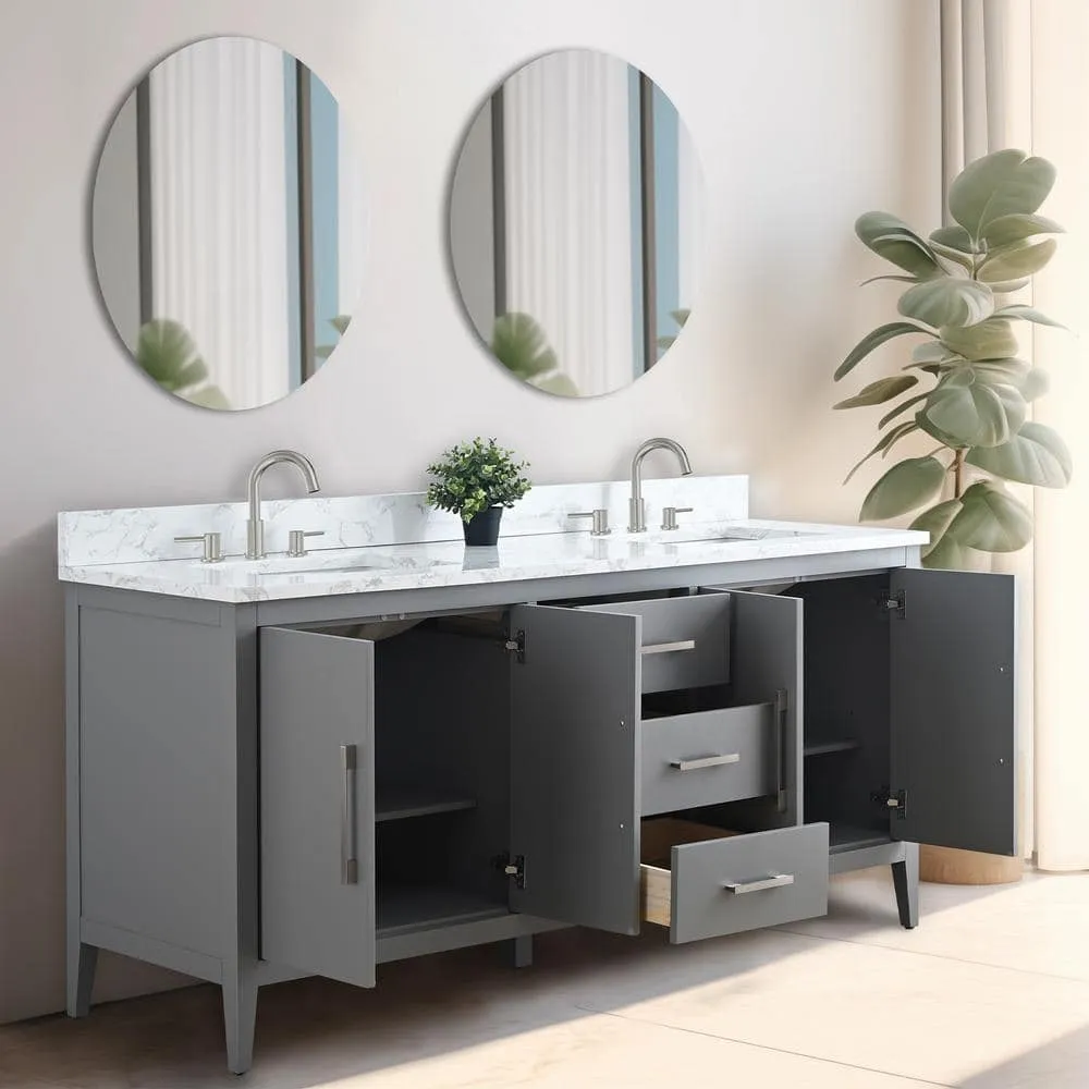 Vanity Art 72 in. W x 22 in. D x 34 in. H Double Sink Bathroom Vanity Cabinet in Cashmere Gray with Engineered Marble Top, photo 8 of 13