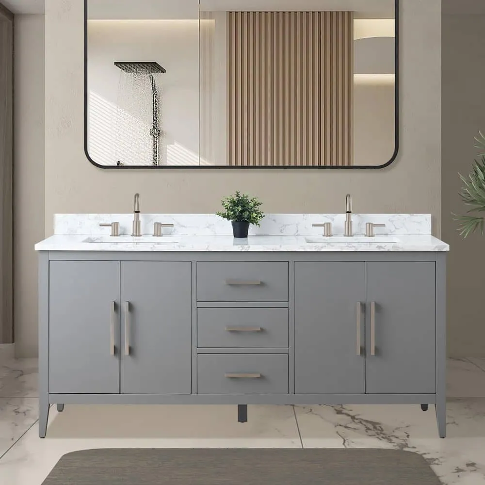 Vanity Art 72 in. W x 22 in. D x 34 in. H Double Sink Bathroom Vanity Cabinet in Cashmere Gray with Engineered Marble Top, photo 2 of 9
