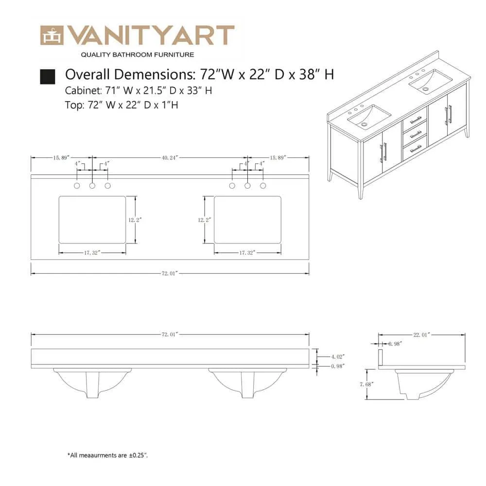 Vanity Art 72 in. W x 22 in. D x 34 in. H Double Sink Bathroom Vanity Cabinet in Cashmere Gray with Engineered Marble Top, photo 5 of 13