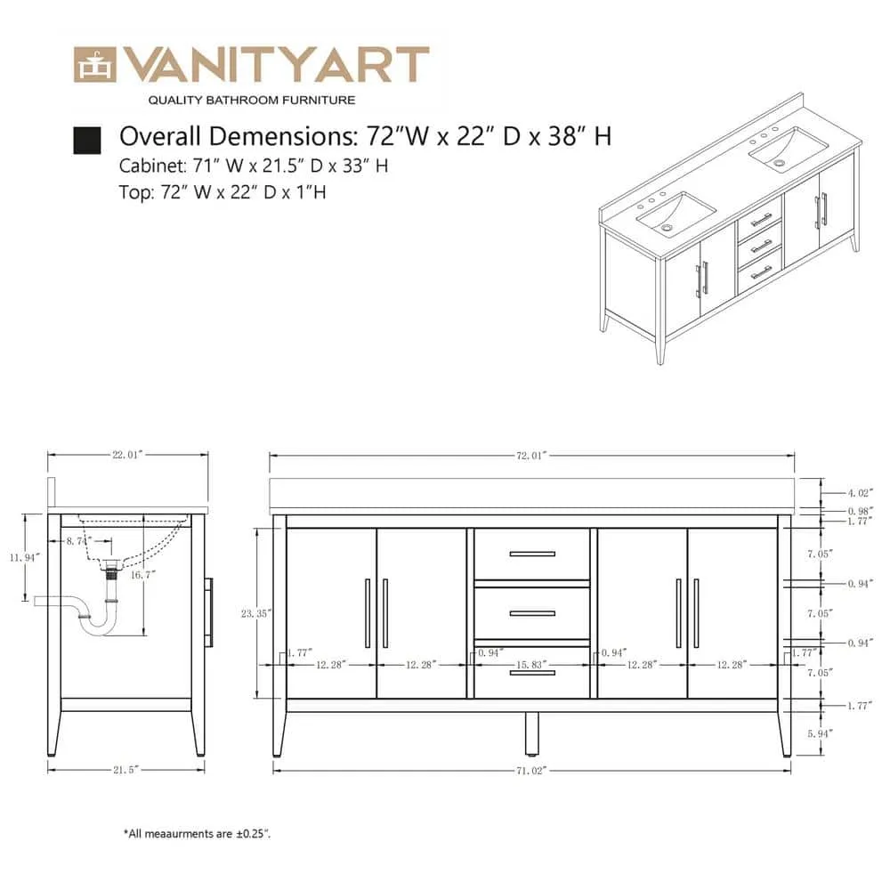 Vanity Art 72 in. W x 22 in. D x 34 in. H Double Sink Bathroom Vanity Cabinet in Cashmere Gray with Engineered Marble Top, photo 12 of 13