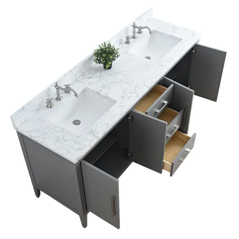 Vanity Art 72 in. W x 22 in. D x 34 in. H Double Sink Bathroom Vanity Cabinet in Cashmere Gray with Engineered Marble Top, photo 6 of 9