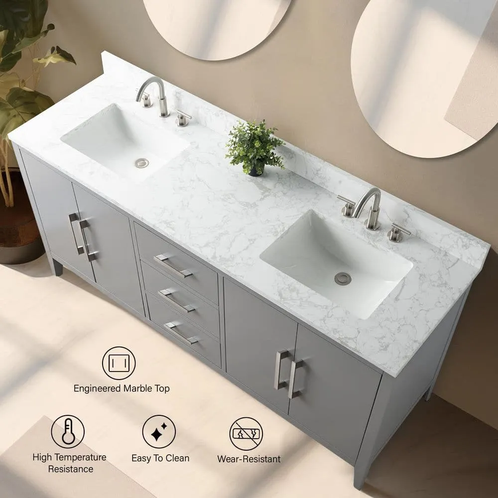 Vanity Art 72 in. W x 22 in. D x 34 in. H Double Sink Bathroom Vanity Cabinet in Cashmere Gray with Engineered Marble Top, photo 5 of 9