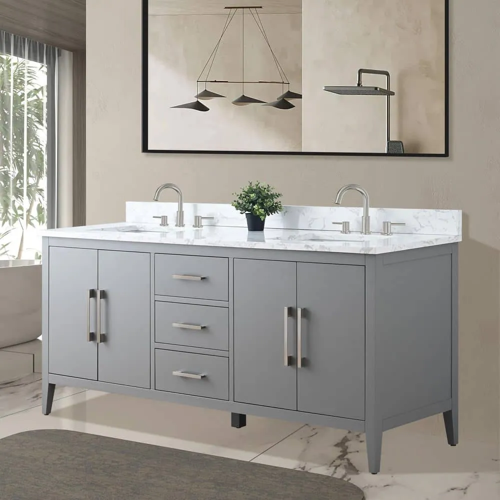Vanity Art 72 in. W x 22 in. D x 34 in. H Double Sink Bathroom Vanity Cabinet in Cashmere Gray with Engineered Marble Top, photo 3 of 9