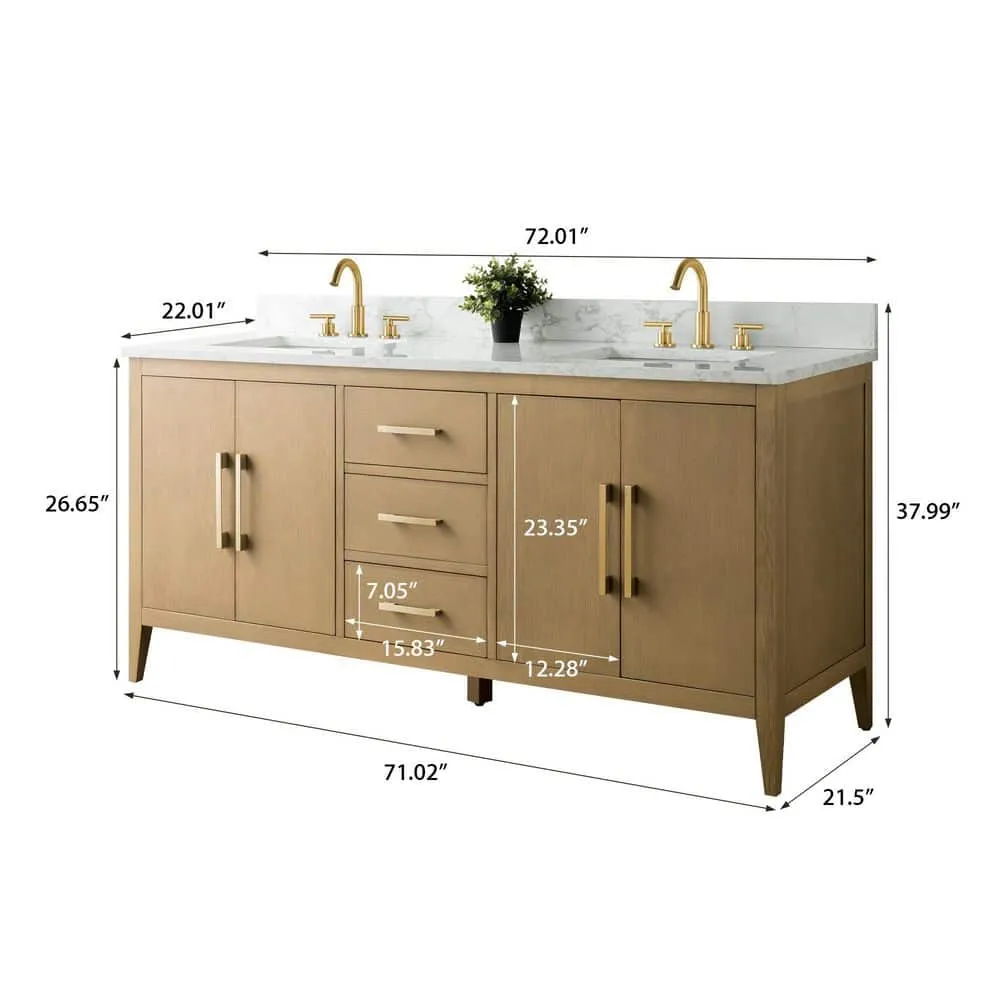 Vanity Art 72 in. W x 22 in. D x 34 in. H Double-Sink Bathroom Vanity in Natural Oak with Engineered Marble Top in Arabescato White, photo 9 of 9