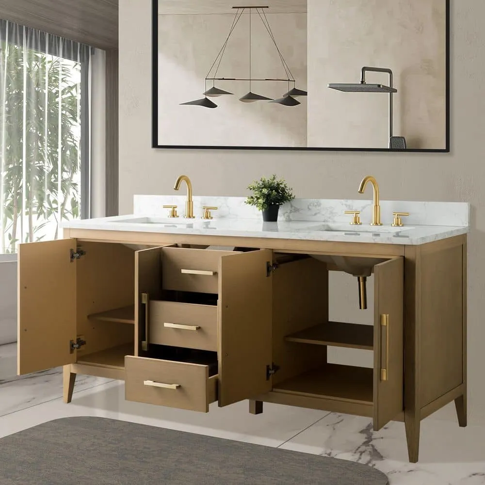 Vanity Art 72 in. W x 22 in. D x 34 in. H Double-Sink Bathroom Vanity in Natural Oak with Engineered Marble Top in Arabescato White, photo 4 of 9