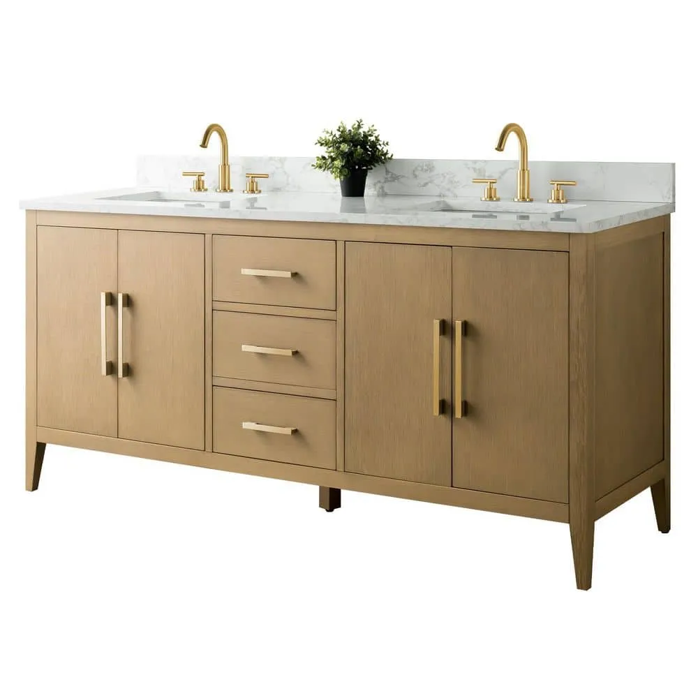 Vanity Art 72 in. W x 22 in. D x 34 in. H Double-Sink Bathroom Vanity in Natural Oak with Engineered Marble Top in Arabescato White, photo 8 of 9