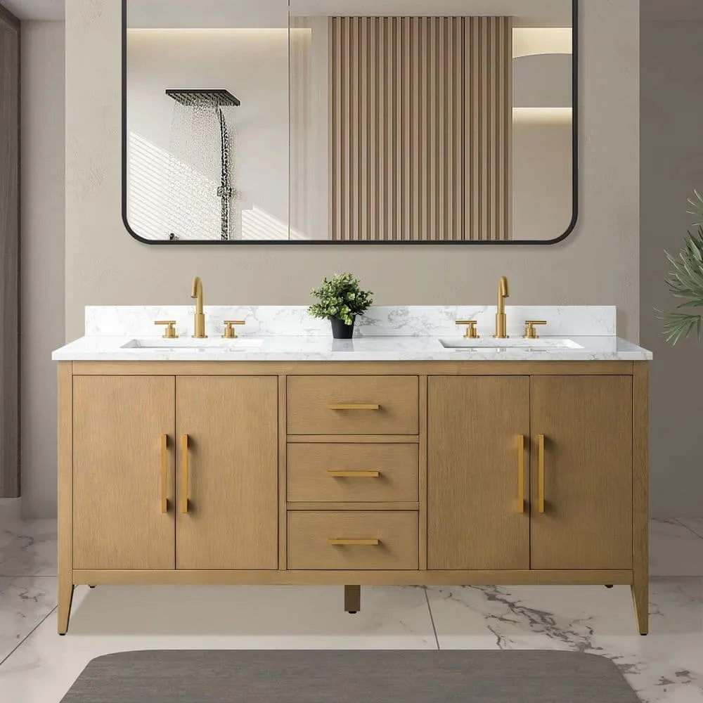 Vanity Art 72 in. W x 22 in. D x 34 in. H Double-Sink Bathroom Vanity in Natural Oak with Engineered Marble Top in Arabescato White, photo 2 of 9