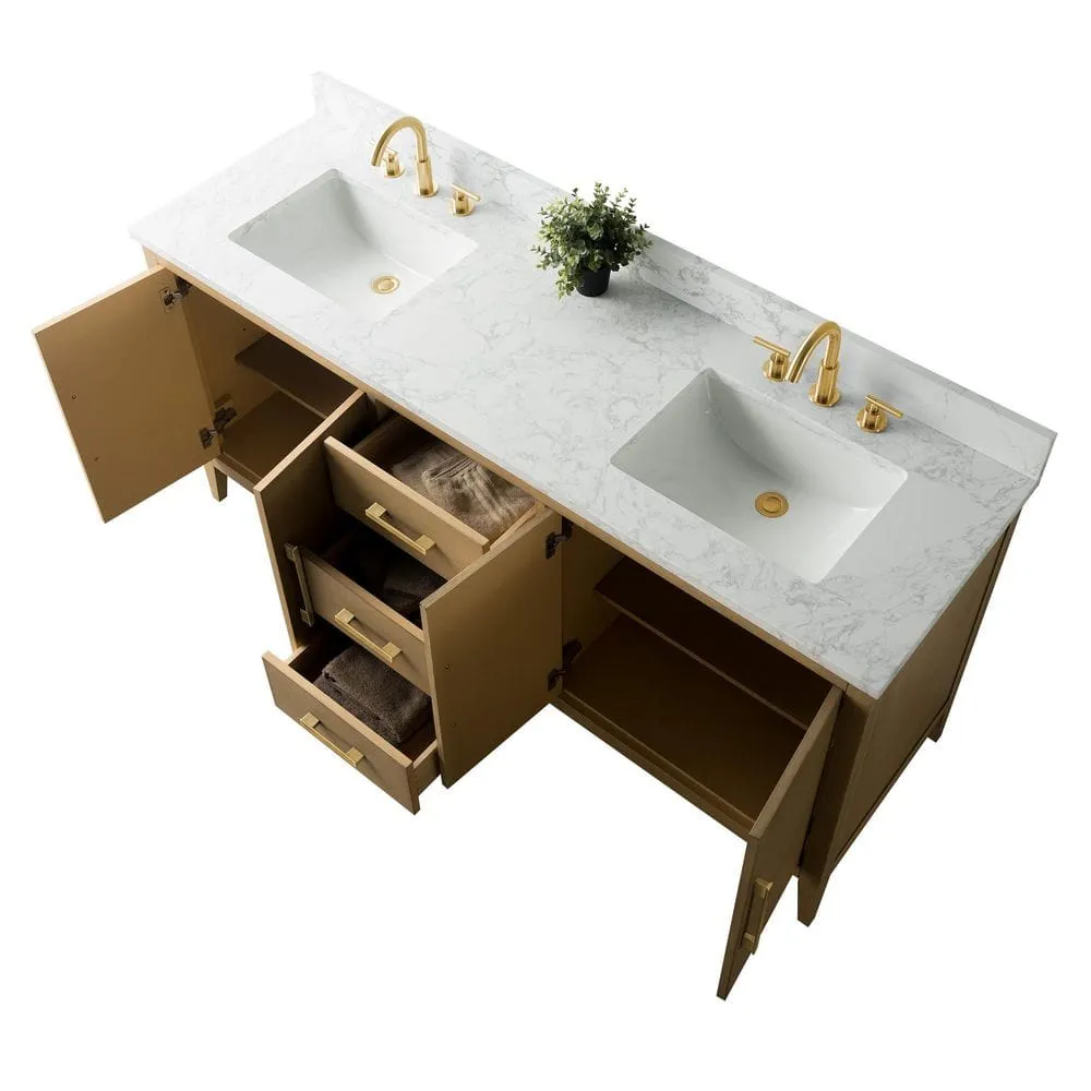Vanity Art 72 in. W x 22 in. D x 34 in. H Double-Sink Bathroom Vanity in Natural Oak with Engineered Marble Top in Arabescato White, photo 5 of 9