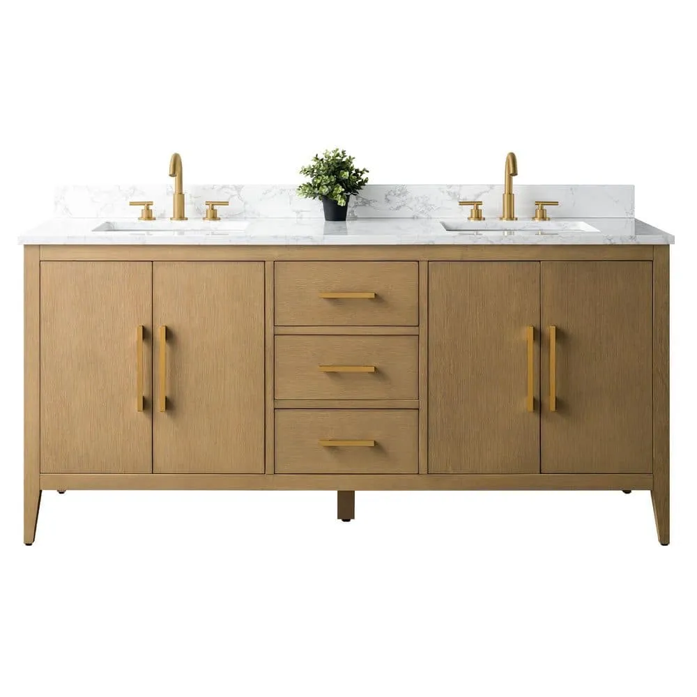 Vanity Art 72 in. W x 22 in. D x 34 in. H Double-Sink Bathroom Vanity in Natural Oak with Engineered Marble Top in Arabescato White, photo 7 of 9