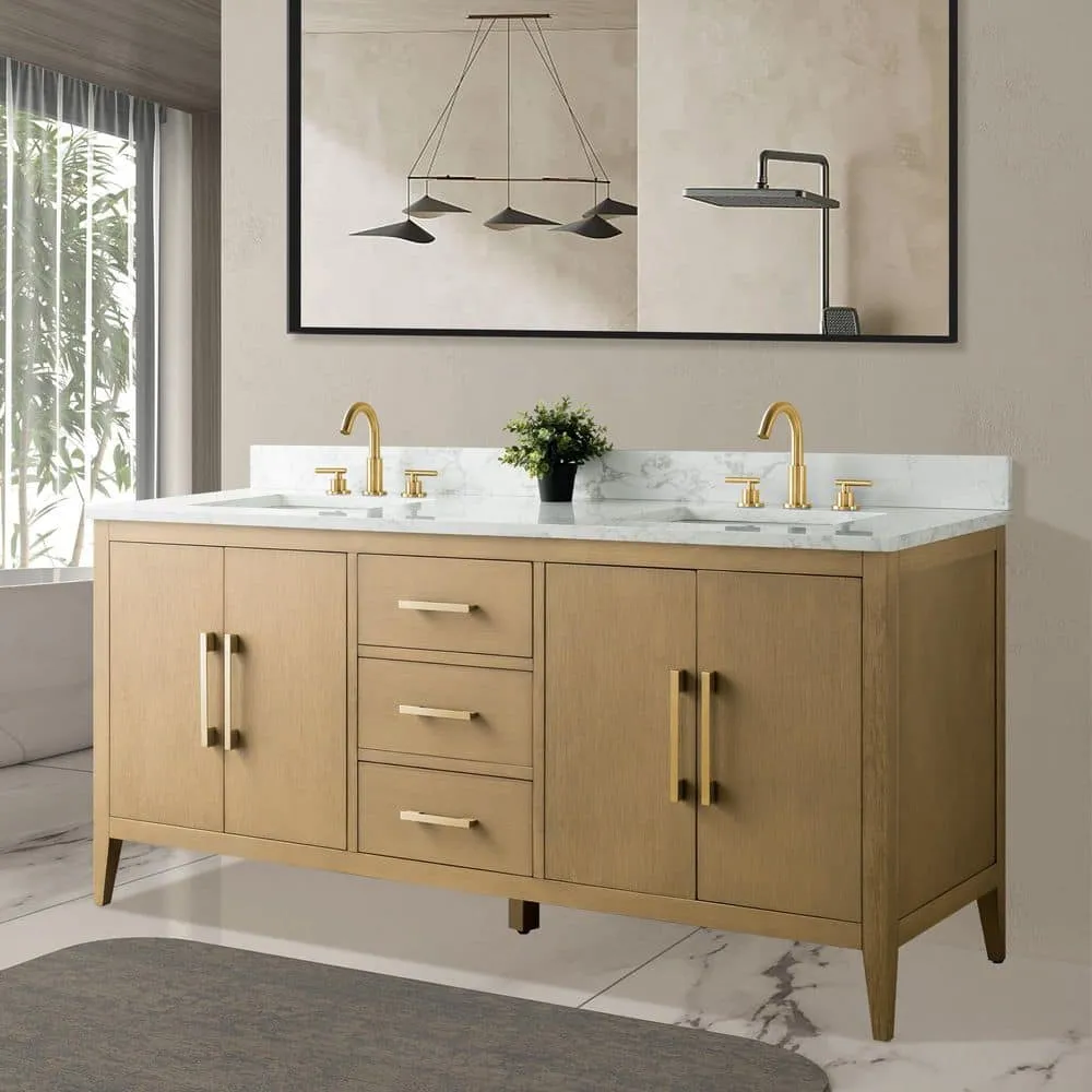 Vanity Art 72 in. W x 22 in. D x 34 in. H Double-Sink Bathroom Vanity in Natural Oak with Engineered Marble Top in Arabescato White, photo 3 of 9