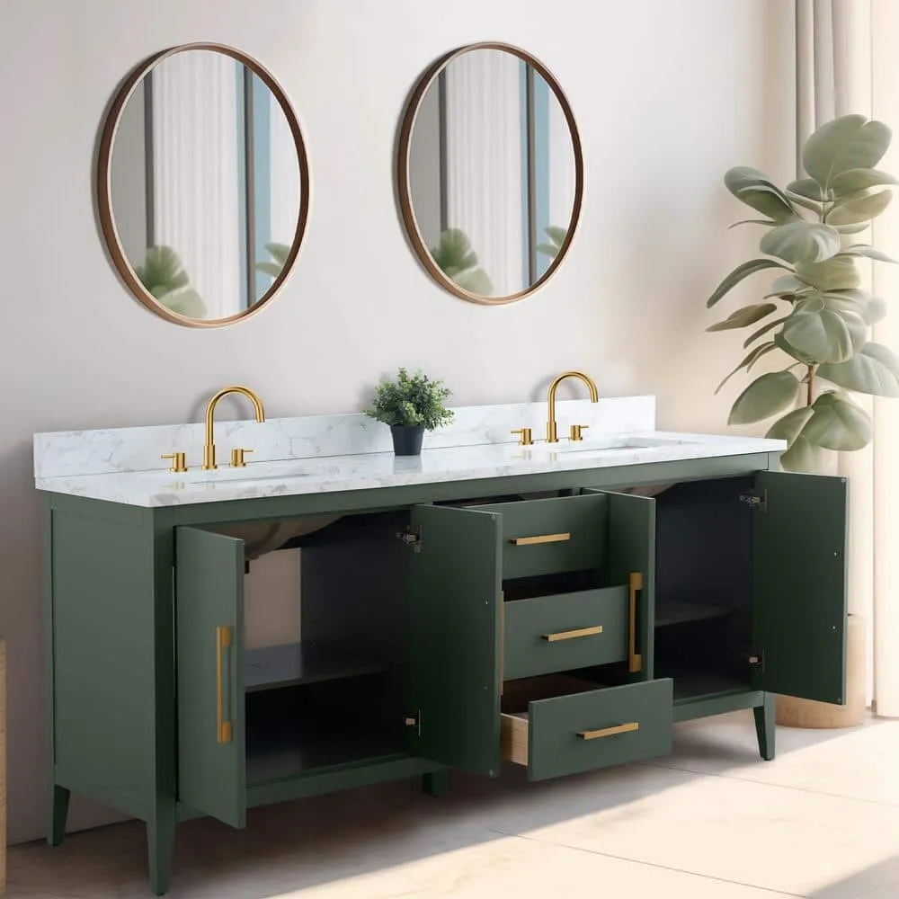 Vanity Art 72 in. W x 22 in. D x 34 in. H Double Sink Bathroom Vanity Cabinet in Vintage Green with Engineered Marble Top, photo 8 of 12