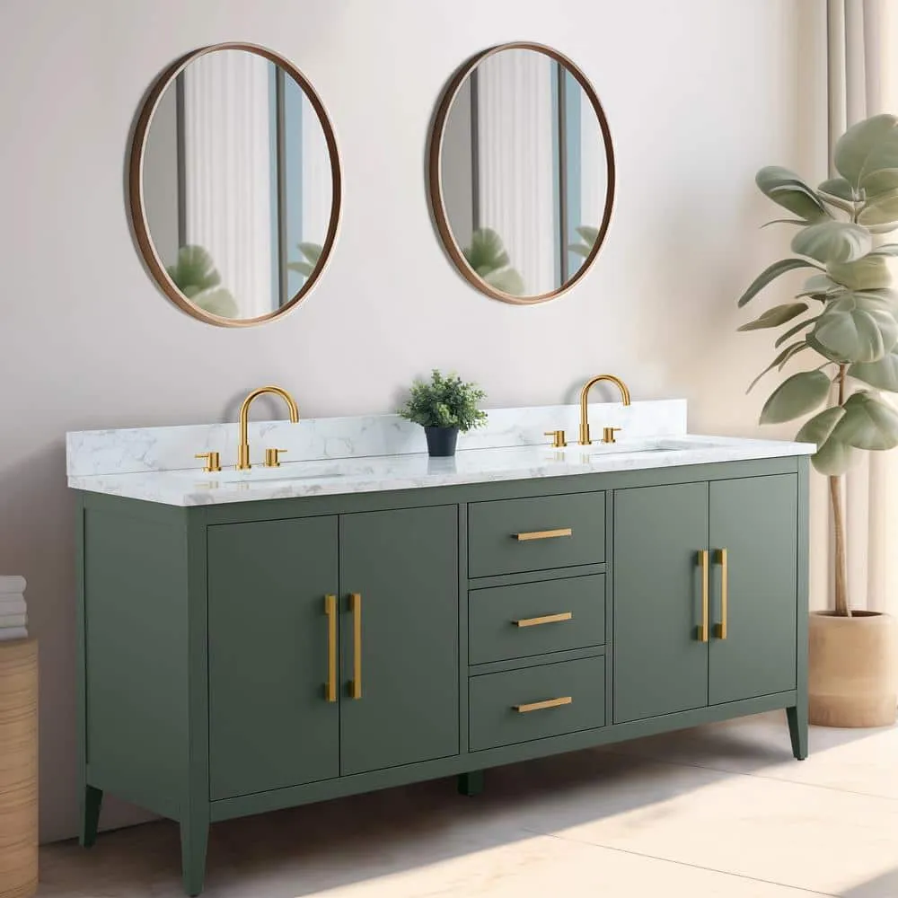 Vanity Art 72 in. W x 22 in. D x 34 in. H Double Sink Bathroom Vanity Cabinet in Vintage Green with Engineered Marble Top, photo 7 of 12