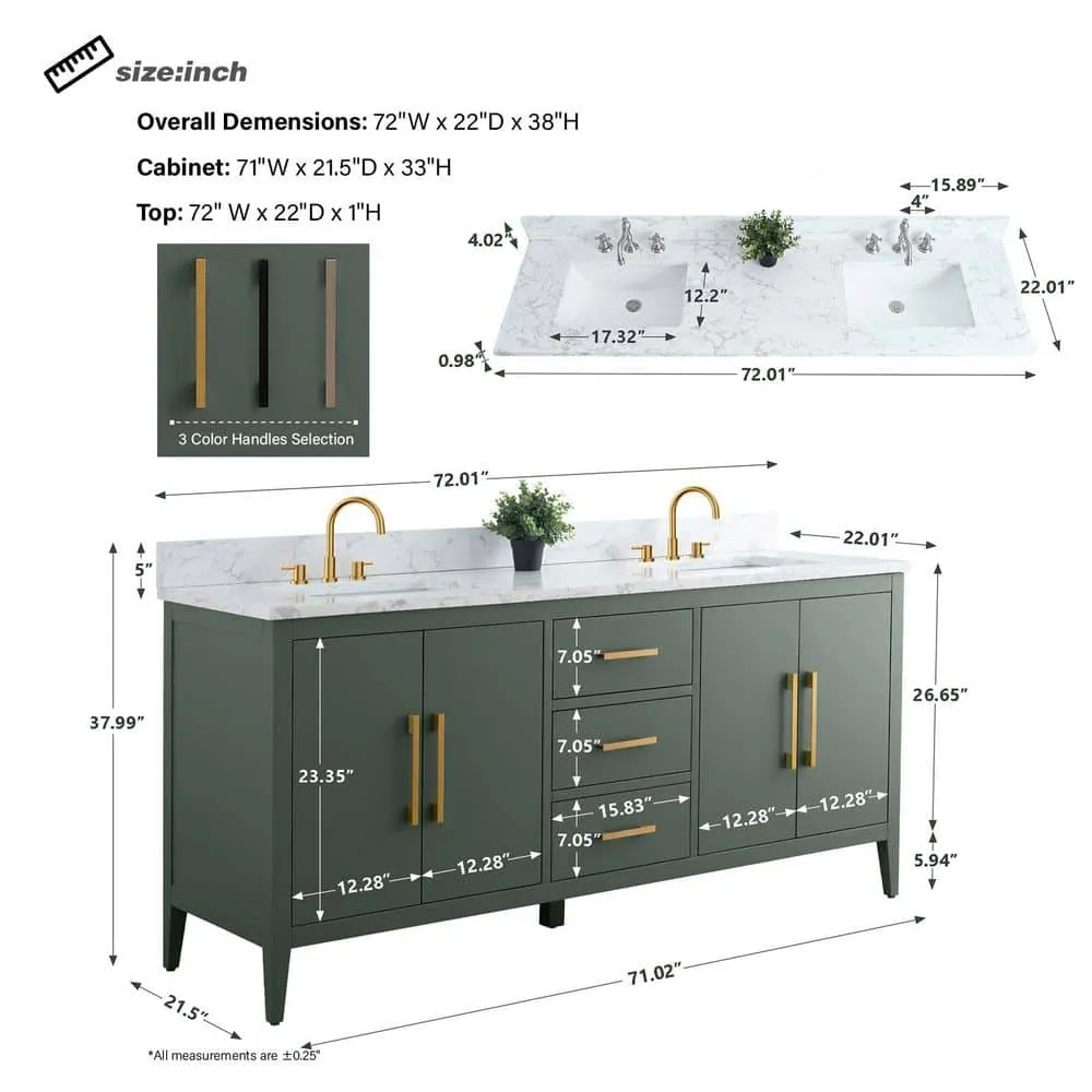 Vanity Art 72 in. W x 22 in. D x 34 in. H Double Sink Bathroom Vanity Cabinet in Vintage Green with Engineered Marble Top, photo 8 of 8