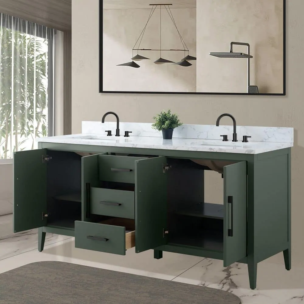 Vanity Art 72 in. W x 22 in. D x 34 in. H Double Sink Bathroom Vanity Cabinet in Vintage Green with Engineered Marble Top, photo 3 of 8