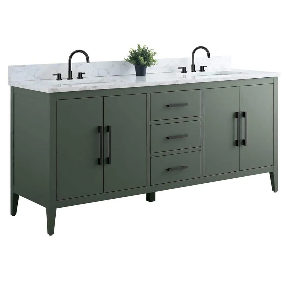 Vanity Art 72 in. W x 22 in. D x 34 in. H Double Sink Bathroom Vanity Cabinet in Vintage Green with Engineered Marble Top, photo 7 of 8