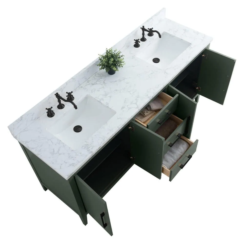 Vanity Art 72 in. W x 22 in. D x 34 in. H Double Sink Bathroom Vanity Cabinet in Vintage Green with Engineered Marble Top, photo 5 of 8