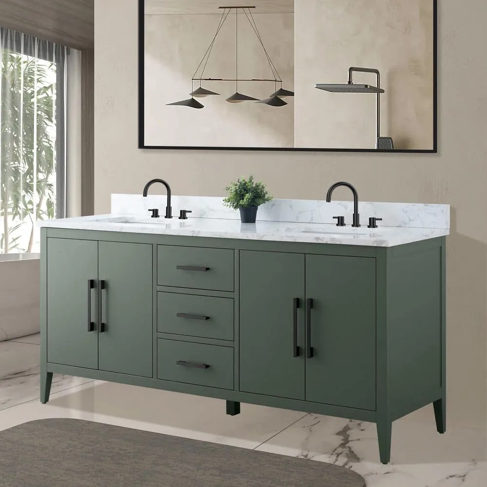 Vanity Art 72 in. W x 22 in. D x 34 in. H Double Sink Bathroom Vanity Cabinet in Vintage Green with Engineered Marble Top, photo 2 of 8