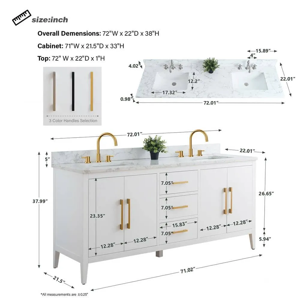 Vanity Art 72 in. W x 22 in. D x 34 in. H Double Sink Bathroom Vanity Cabinet in White with Engineered Marble Top, photo 7 of 9