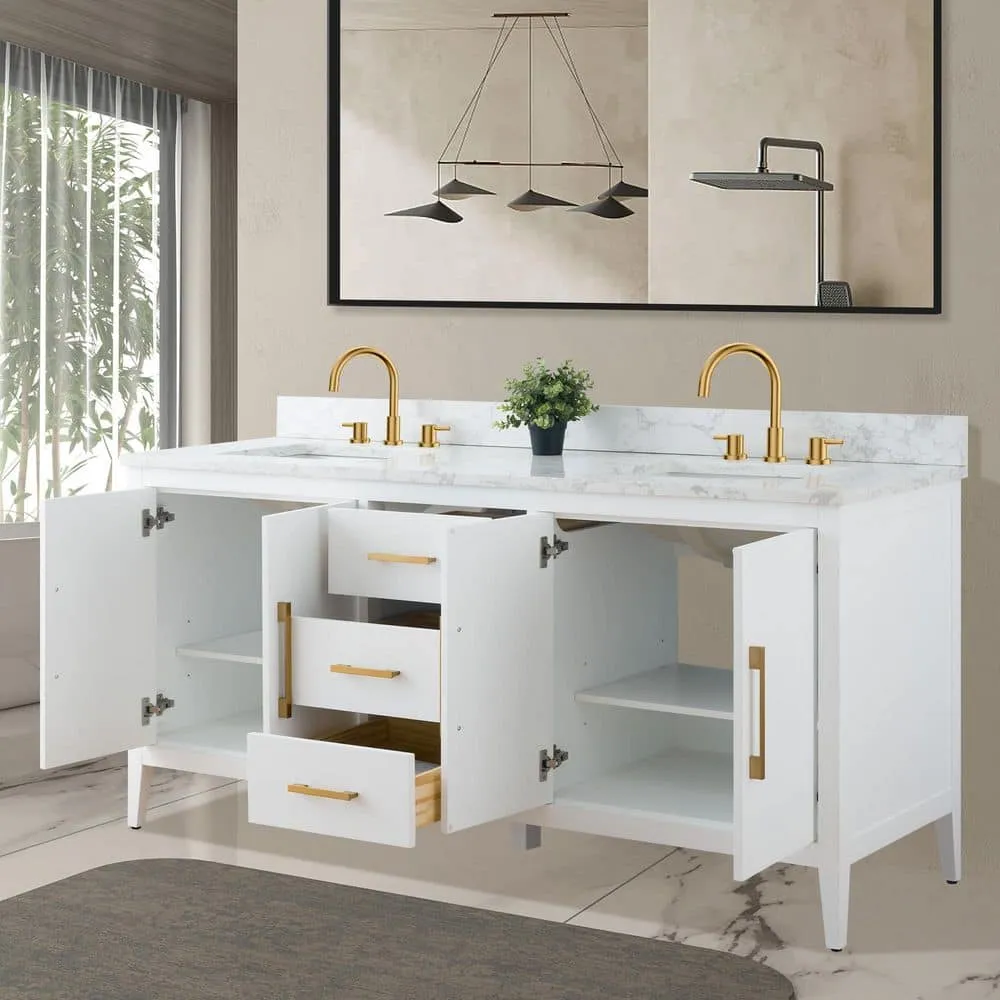Vanity Art 72 in. W x 22 in. D x 34 in. H Double Sink Bathroom Vanity Cabinet in White with Engineered Marble Top, photo 4 of 9