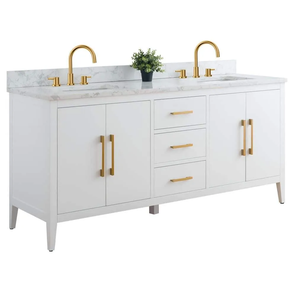 Vanity Art 72 in. W x 22 in. D x 34 in. H Double Sink Bathroom Vanity Cabinet in White with Engineered Marble Top, photo 6 of 9